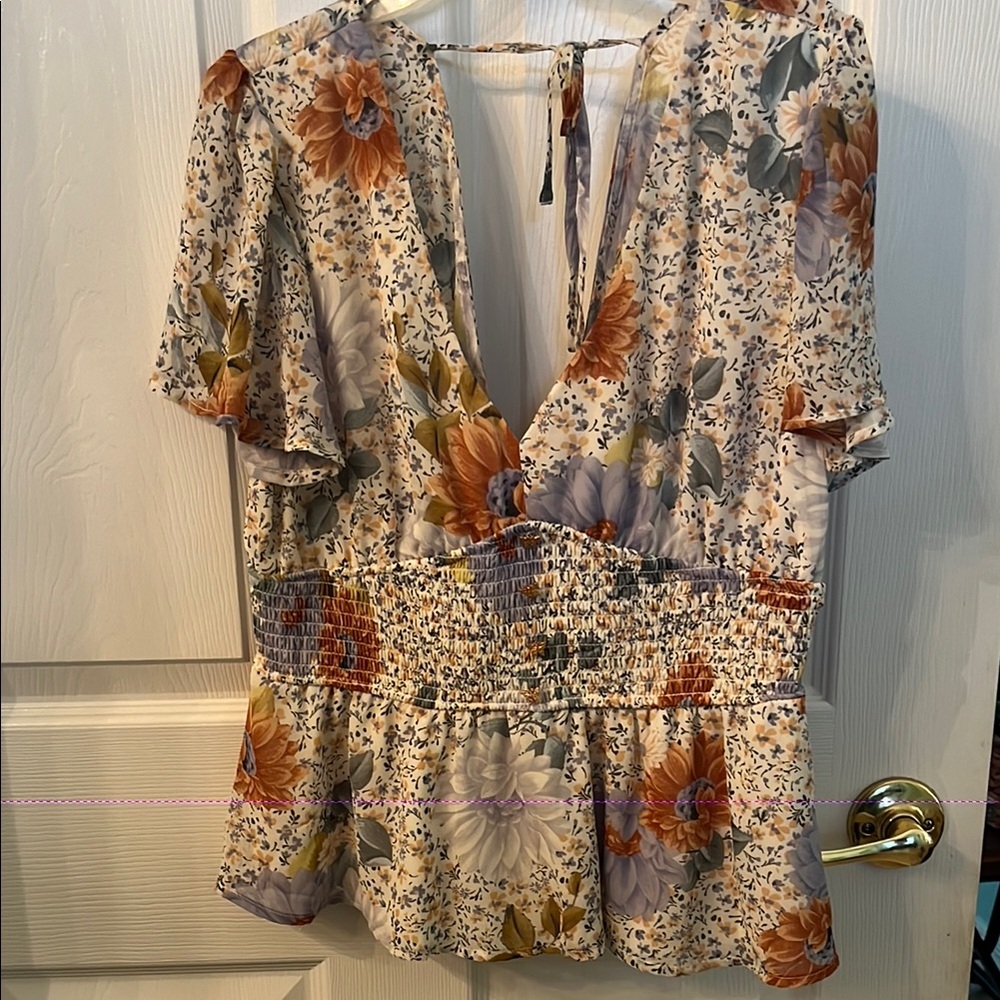 Meraki Cream and Orange Flutter Sleeve Peplum Blouse